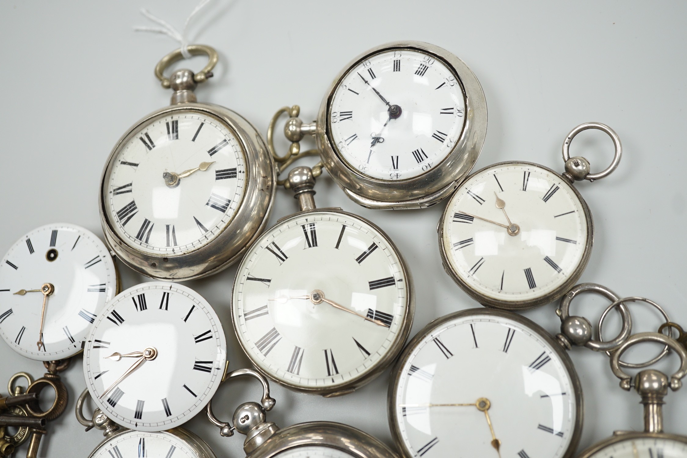 A collection of eight assorted mainly 19th century silver cased pocket watches, all by Lewes makers, including Tanner, Reeves, Tanner & Son, Skinner, Soloman, Davey and Sons, William Tanner and Richard Comber but surname